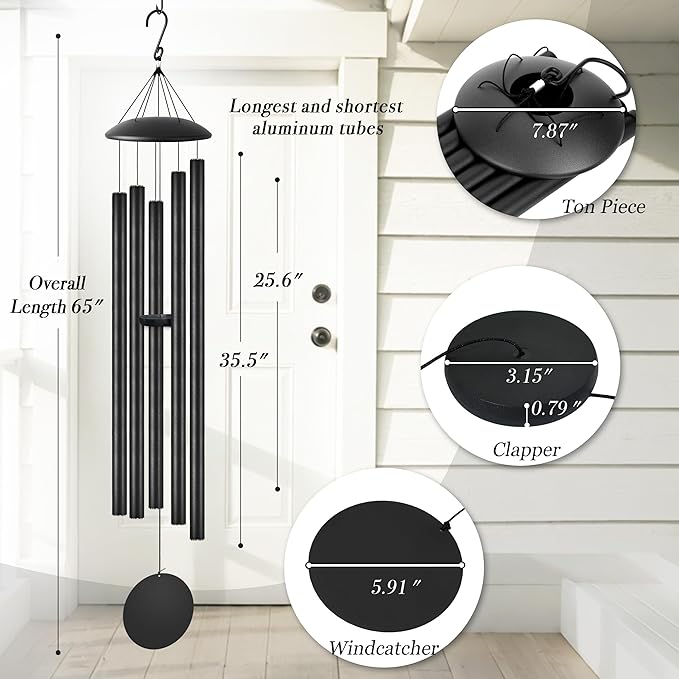 65" Extra Large Wind Chimes with Outside Deep Tone, 5 Thick and Bold Aluminum Tubes, Coolest Metal Windchimes Outdoors with Pine Wood Striker, Unique Gift for Mom, Garden Decoration(Black)