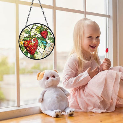 Strawberry Suncatchers Stained Glass Window Hanging, Summer Fruit Sun Catchers Indoor Window Glass Round Wall Decor, Strawberry Wall Hanging Decorations, Fruit Kitchen Decor, 7.9x7.9in