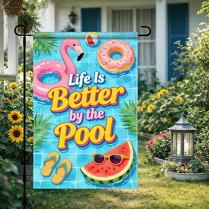 BlissYard Life Is Better By The Pool Garden Flag 12x18 Double Sided Vertical Outdoor Summer Poolside Decor Flamingo Donut Float Tropical Yard Lawn Patio Banner