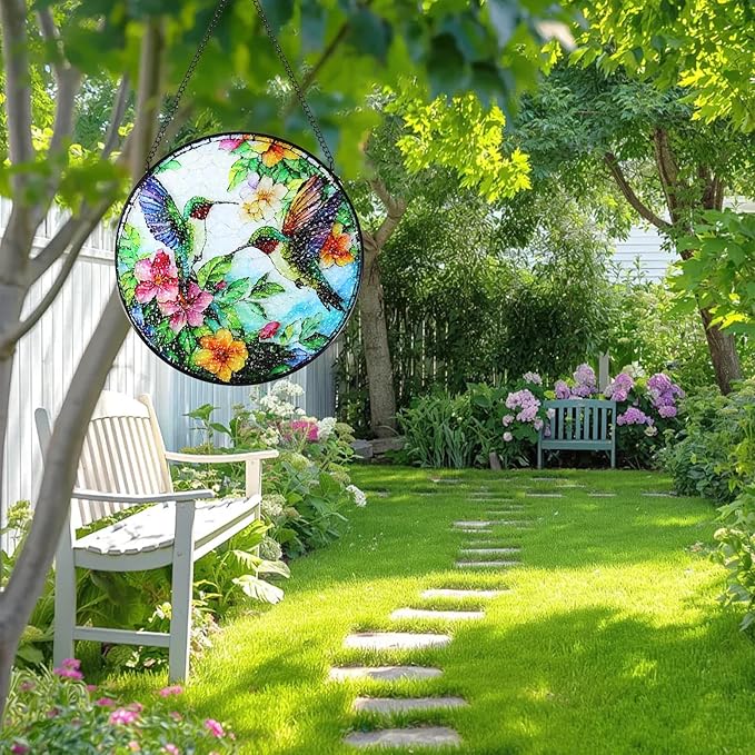 Stained Glass Window Hanging Hummingbird Suncatcher - 8 Inch Wildflower & Bird Sun Catchers for Windows, Indoor/Outdoor Wall Art Decor - Gift for Bird Lovers Women Mother's Day Christmas