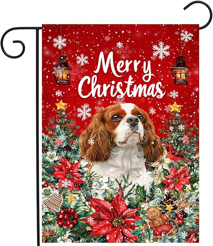 Christmas Cavalier King Charles Spaniel Garden Flag Merry Christmas Dog Yard Flag for Outside Xmas Flags 12x18 Double Sided Red Poinsettia Garden Flags Winter Porch Decorations Outdoor