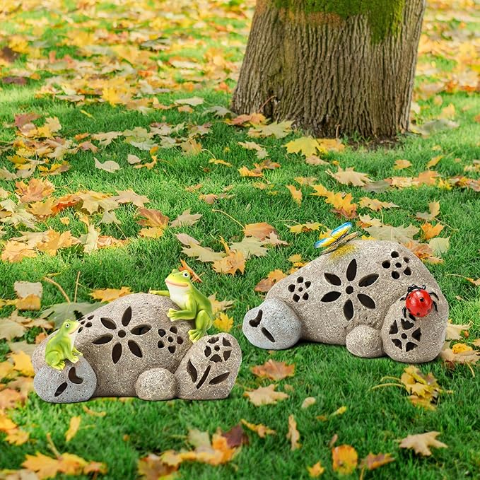 Butterfly Garden Statues Butterfly on Stone Statue with Solar LED Lights for Porch Patio Lawn Yard Art Decoration Christmas Birthday Gardening Gifts for Mom Women