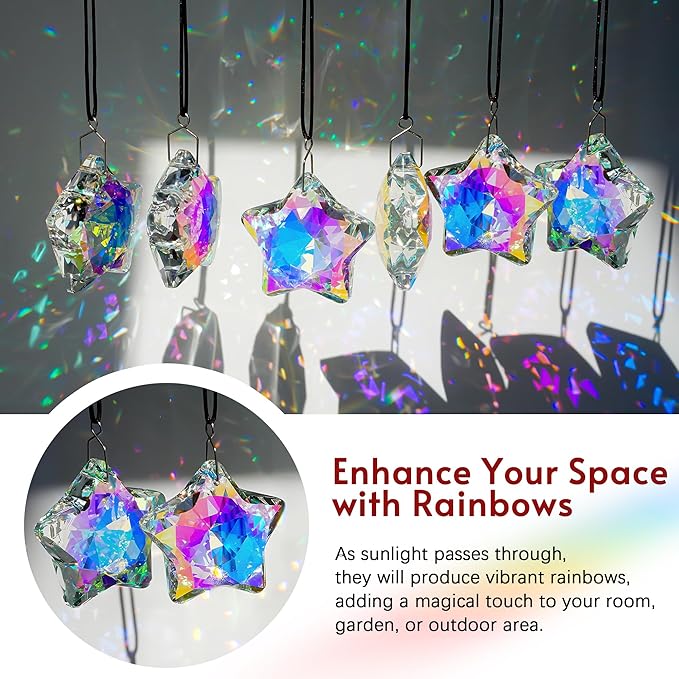 H&D HYALINE & DORA 2 Pack Crystal Sun Catcher Star Prisms 2" AB Colored Hanging Crystals for Window Rainbow Maker Glass Prisms Suncatchers for Home Garden Christmas Decor