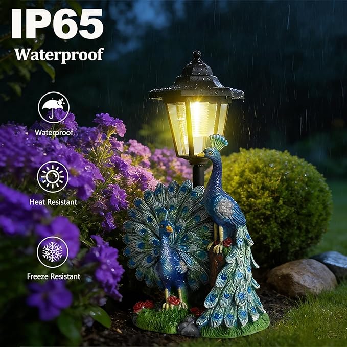 VEEKI Peacock Garden Statue Outdoor, Solar Peacock Figurine Outdoor Waterproof with Lantern, Resin Peacock Decor for Garden Patio Yard Lawn Ornament, Housewarming Birthday Gifts for Women Mom Grandma