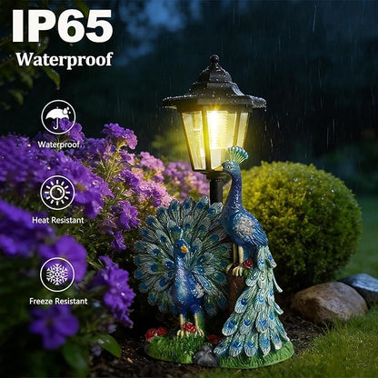 VEEKI Peacock Garden Statue Outdoor, Solar Peacock Figurine Outdoor Waterproof with Lantern, Resin Peacock Decor for Garden Patio Yard Lawn Ornament, Housewarming Birthday Gifts for Women Mom Grandma