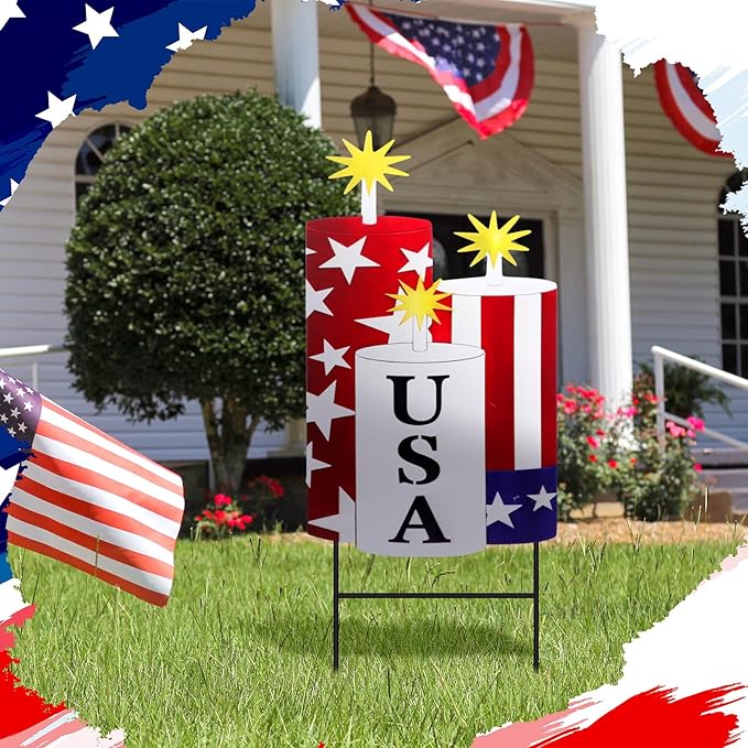 Amyhill 4th of July Outdoor Decor Patriotic Garden Stake 250th Anniversary Metal USA Firecracker Welcome Yard Sign, Red White Blue Decor for Independence Patio Lawn Walkway Outdoor Decorations