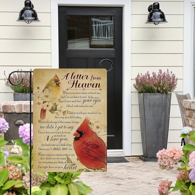 Dyrenson Memorial Cardinal A Letter From Heaven Decorative Garden Flag, Vintage Red Birds Cemetery Yard Outside Home Decoration, Retro Dogwood Flower Burlap Outdoor Small Decor Double Sided 12 x 18