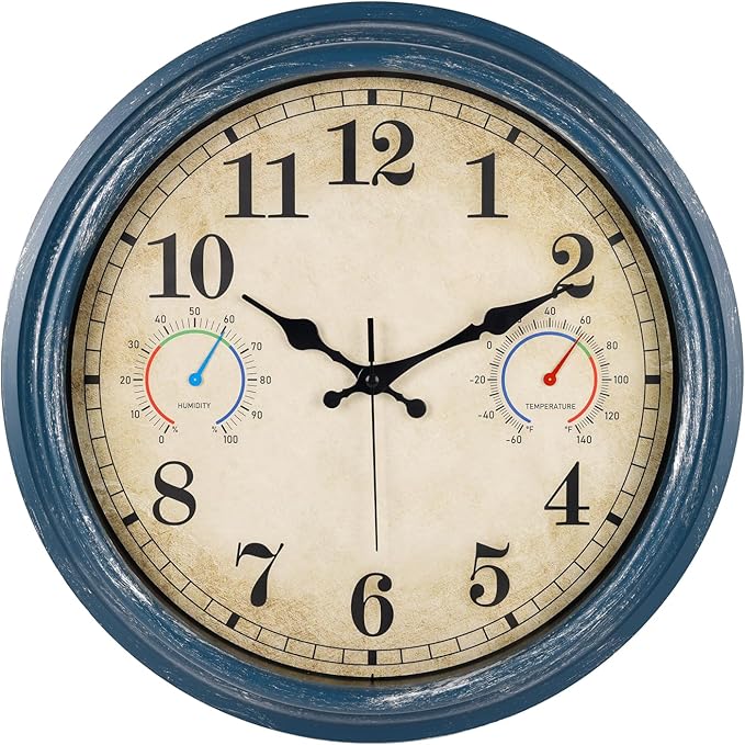 Large Outdoor Clock with Thermometer & Hygrometer Combo, 16 Inch Vintage Blue Coastal Decor Waterproof Indoor Outdoor Wall Clocks for Patio, Pool, Garden, Backyard