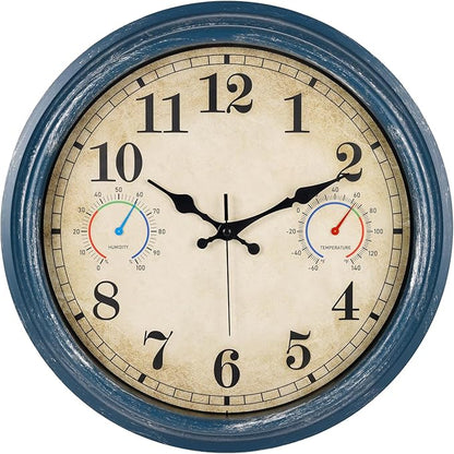 Large Outdoor Clock with Thermometer & Hygrometer Combo, 16 Inch Vintage Blue Coastal Decor Waterproof Indoor Outdoor Wall Clocks for Patio, Pool, Garden, Backyard
