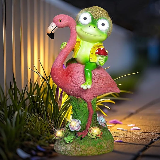 Solar Garden Statue, Whimsical Frog Riding Flamingo Outdoor Decor with Glowing LED Eyes, IP65 Waterproof Resin Lawn Ornament for Patio Yard Balcony, Unique Housewarming Gift for Mom Grandma Women