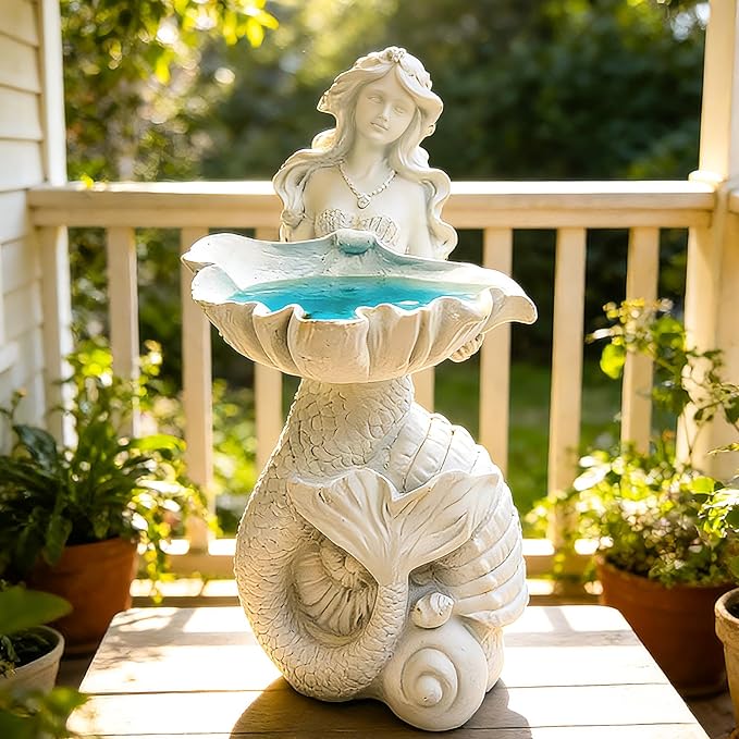 Teaeeno Outdoor Mermaid Decor Garden Statues with Solar Lights,Art Mermaid Figurine,Mermaid Decor for Home,Solar Lawn Ornament,Animal Solar Outdoor (White)