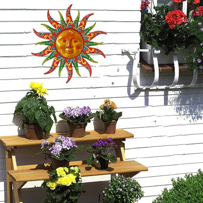 Metal Sun Wall Decor, 16 Inches, Colorful Sun Face Art Hanging for Indoor Outdoor Garden Farmhouse Yard Patio Fence Living Room Bedroom