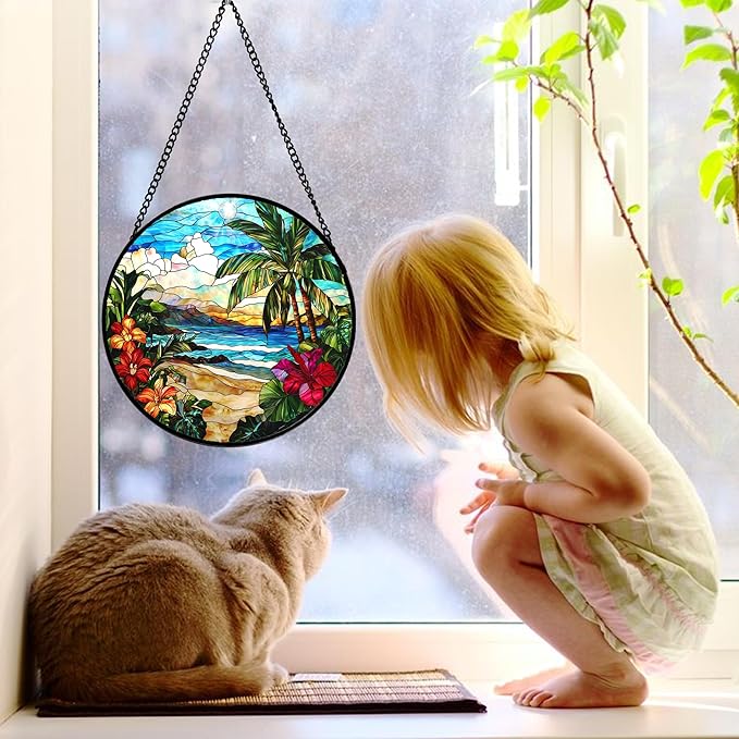 DASTOLL Stained Glass Window Hanging, Blue Beach Scenery Suncatcher Diamond Glass Panel Hangings Sun Catchers Decor for Birthday for Women, Men, Wife, Aunt, and Mom 7.8 in