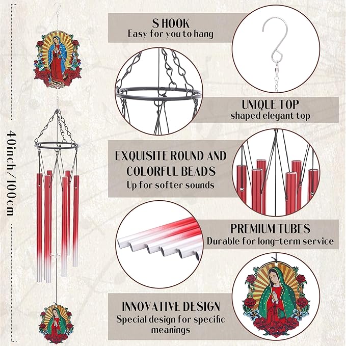 Wind Chimes for Outside - Metal Our Lady of Guadalupe Windchimes with Greeting Card Indoor Outdoor Patio Garden Yard Backyard Balcony Porch Hanging Decor Birthday Gift for Women Mom Grandma