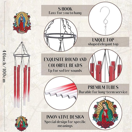 Wind Chimes for Outside - Metal Our Lady of Guadalupe Windchimes with Greeting Card Indoor Outdoor Patio Garden Yard Backyard Balcony Porch Hanging Decor Birthday Gift for Women Mom Grandma