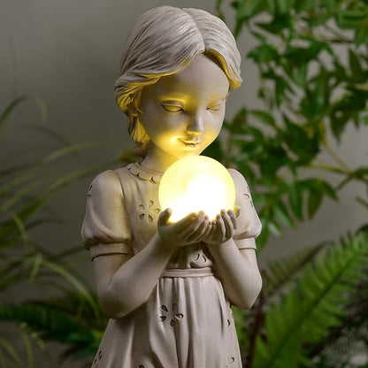 Hi-Line Gift Ltd. Girl Holding Bubble Lighted Garden Statue Solar Powered LEDs