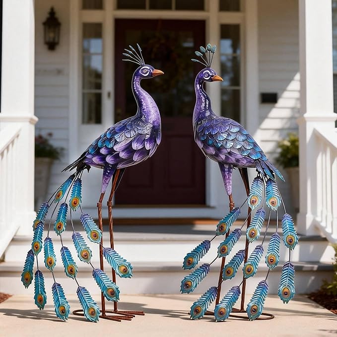 Kircust Purples Peacock Garden Statue and Sculpture, Metal Peacocks Yard Art Lawn Decor, Large Birds Garden Sculptures & Statues for Patio Backyard Pond Home Decoration
