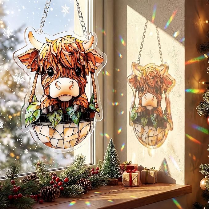 Yalikop 6 Inch Highland Cow Suncatcher Decor Faux Stained Glass Window Hanging Ornament Acrylic Highland Cow Gifts for Animals Lovers Home Garden Farmhouse Decoration