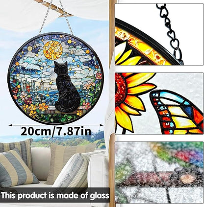 VAIIEYO Black Cat Sun Catcher Stained Glass Window Hanging Ornament, Handmade Sun Catcher Animal Decoration with Hooks for Window Garden Home, Christmas & Birthday Housewarming Gift (7.8 inch)