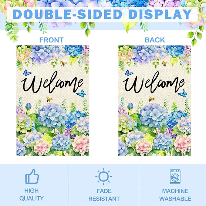 Nanafast Hydrangea Spring Garden Flag Double Sided 12x18 Inch Welcome Floral Garden Flags for Outside Yard Decoration