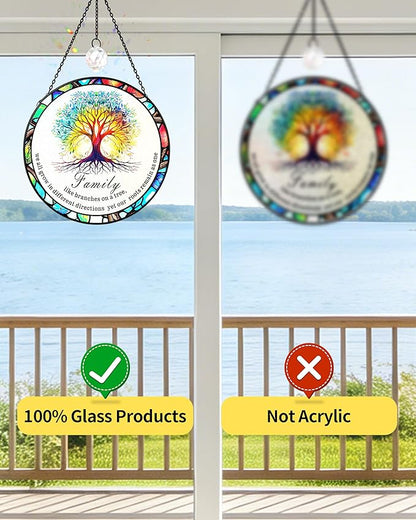 Tree of Life Stained Glass Window Hanging Family Tree Suncatcher for Door Home Decor Desk Decorations Gifts for Women (Glass-Family Branches, 7.8x7.8 in)