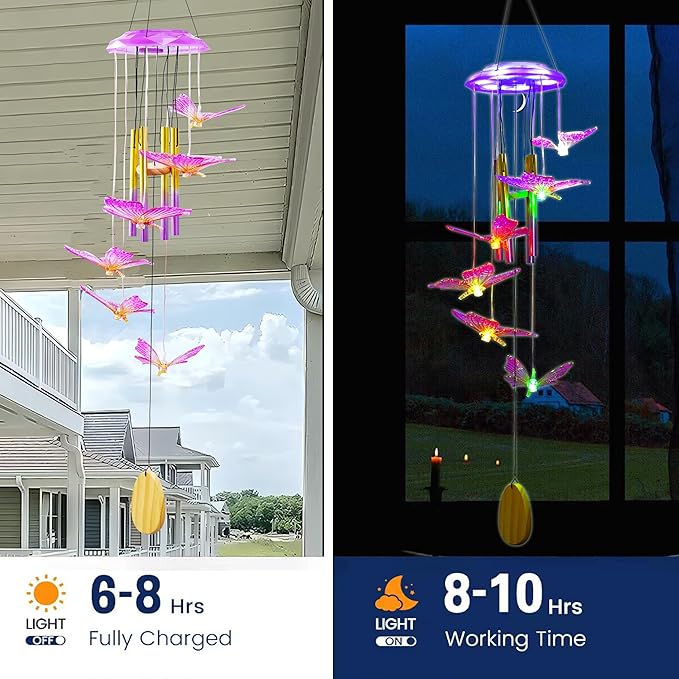 Outdoor Solar Wind Chime Decoration, Mother's Day Birthday Gifts for Grandma, Mom and Family, Outdoor Garden and Courtyard Wind Chime Accessories (Purple Butterfly)