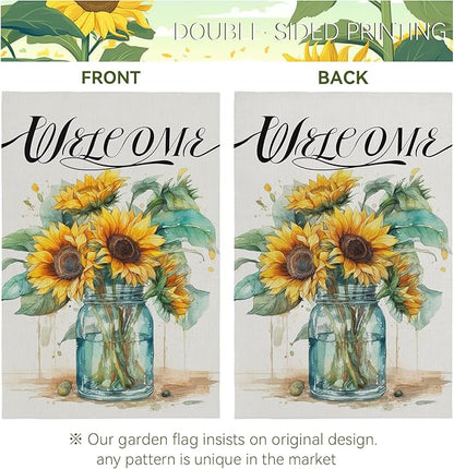 Summer Sunflower Garden Flag 12x18 Inch Double Sided Welcome Flower Vase Vertical Seasonal Yard Flags for Outdoor Yard Lawn Home Decoration