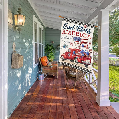 4th of July House Flags for Outdoor,Patriotic American Truck with Buffalo Plaid Yard Flags for Outside,Memorial Decorative Flag for 250th USA Anniversary Holiday Decoration 28x40 Inch Double Sided