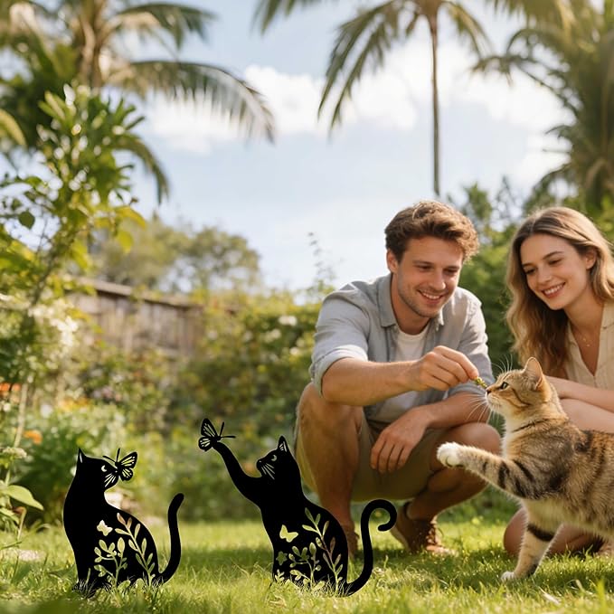 Set of 2 Metal Black Cats Decorative Garden Stakes, Cats Garden Art Decor Ornaments for Yard Lawn Patio Outdoor, Black Cat Sculpture Silhouette Statues, Cat Themed Gifts for Women & Cat Lover