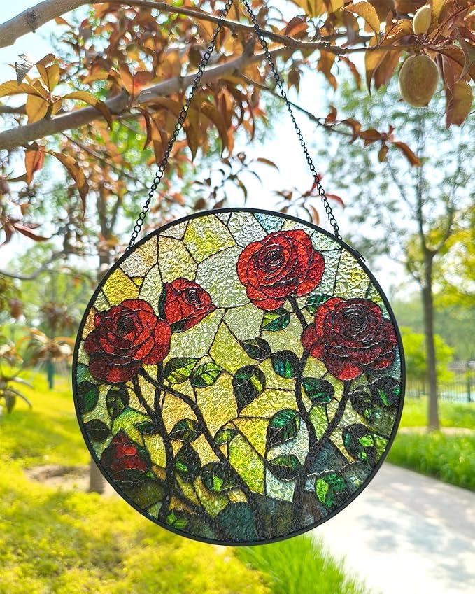 Rose Floral Stained Glass Sun Catcher Window Hanging,Handmade Suncatcher Window Art for Home Decor and Garden,Romantic Gift for Her, Wife or Mom