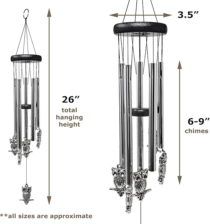 Owl Windchimes - Silver Metal Owls - Mobile Musical Wind Chime - Porch Deck Garden - 26" Long