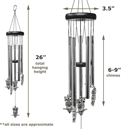 Owl Windchimes - Silver Metal Owls - Mobile Musical Wind Chime - Porch Deck Garden - 26" Long