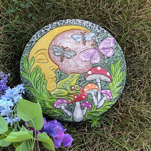 Hapjoy Stepping Stones Outdoor for Garden Moon Frog Mushroom Butterfly Decorative Stepping Stones Walkway Round Stone Garden Decor for Pathway Lawn (Green)