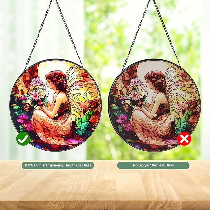 Butterfly Flower Fairy Stained Glass Window Hanging Suncatcher with Chain - 7.9" Outdoor/Indoor Art Decor for Home Garden,Wedding, Mother's, Valentine's, Birthday & Christmas Ornaments Present