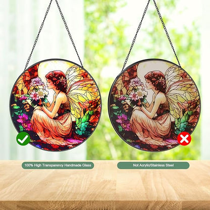 Butterfly Flower Fairy Stained Glass Window Hanging Suncatcher with Chain - 7.9" Outdoor/Indoor Art Decor for Home Garden,Wedding, Mother's, Valentine's, Birthday & Christmas Ornaments Present