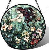 Stained Glass Window Hanging - Teal Sleeping Mermaid Suncatcher for Door Terrace Garden Home Decor, Sea of Flowers Sun Catcher Birthday Gifts for Lovers Women Men Dad Mom Nana 11.8 in