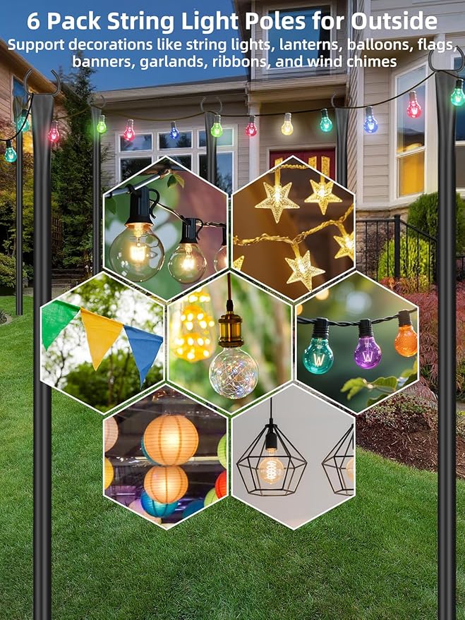 6 Pack String Light Poles for Outside, 10ft Metal Outdoor String Light Poles for Deck - Ideal for Patio, Garden, Yard, Front Porch Decorations, Black
