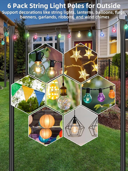 6 Pack String Light Poles for Outside, 10ft Metal Outdoor String Light Poles for Deck - Ideal for Patio, Garden, Yard, Front Porch Decorations, Black