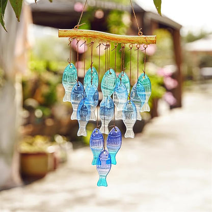 H&D HYALINE & DORA 23" Blue Glass Sea Wind Chimes - Handcrafted Fish Wind Chimes for Outside, Beach Party & Wedding Decor