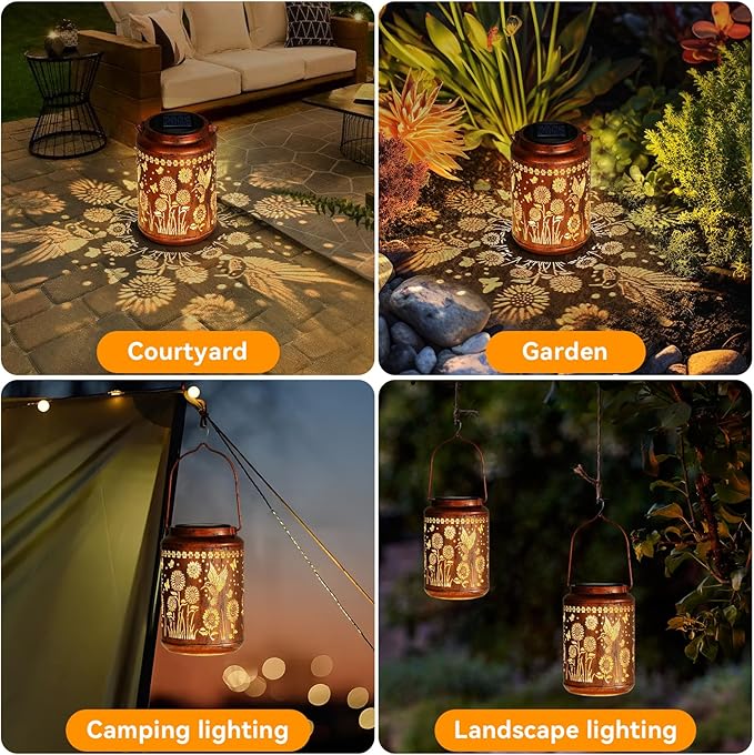 Sunflower Solar Lanterns Outdoor,Hummingbird Gifts Metal Hanging Lights,Waterproof LED Solar Lights for Garden,Yard,Patio Pathway Lawn Decor,Birthday Gifts for Women, Mom, Grandma-with S-Hook