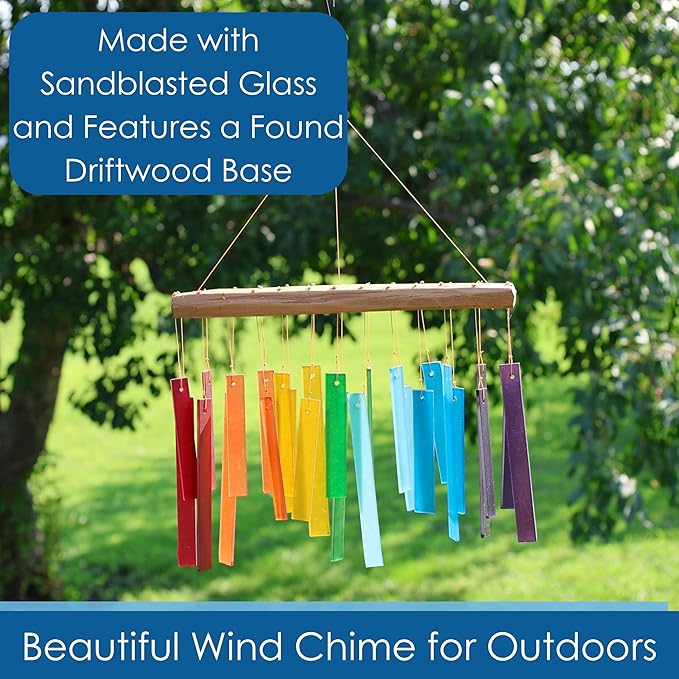 Blue Handworks Color Spectrum Glass and Driftwood Chime - Sandblasted Glass and Found Wood Hand Crafted Wind Chime