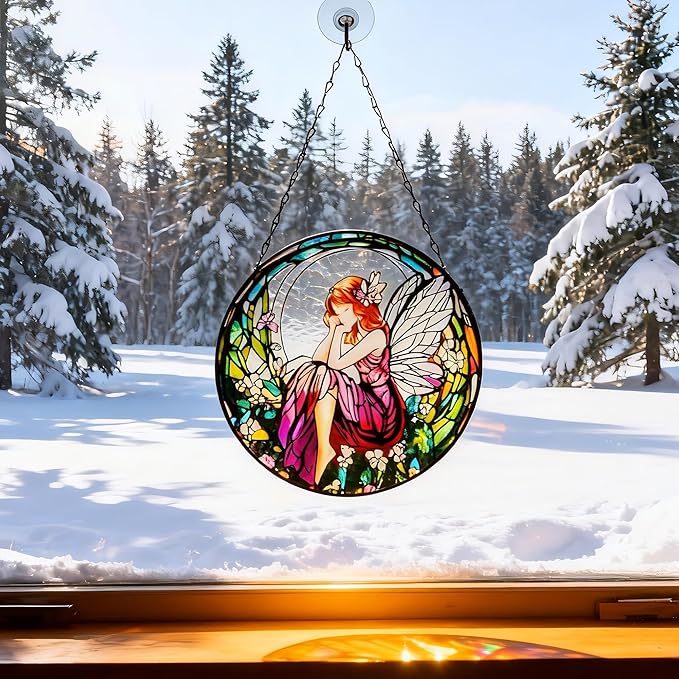 Flower Fairies Stained Glass Window Hanging,Suncatcher Hanging Decor for Indoor Outdoor Windows Yard Garden Decor Home Decorations Wall Art, Gift for Girls Mom Grandma Teacher