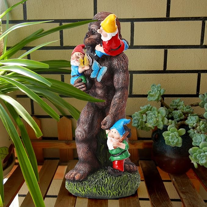 Gorilla Bigfoot Dwarf Bigfoot Sculpture Butterfly Statue with Large Garden Accessories with LED Decorative Gifts 7.5X5.9X13Inch