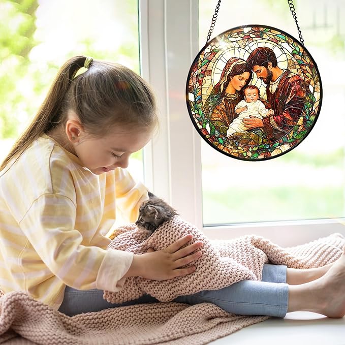 7.8 Inch Stained Glass Window Hanging Baby Jesus and The Holy Mother Mary Family Sun Catcher Indoor Window Door Wall Yard Home Decor Colorful Glass Panel Suncatcher Religious Christian Gifts for Women