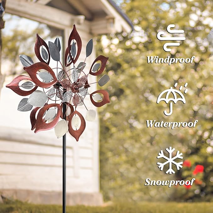 GUAGUA Classical Metal Wind Spinner Outdoor, 360 Degrees Swivel Wind Spinners for Yard and Garden, 74 in Wind Sculptures Willow Leaves Patio Decor (Red)