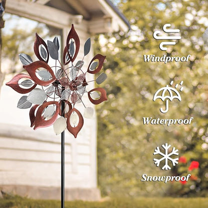 GUAGUA Classical Metal Wind Spinner Outdoor, 360 Degrees Swivel Wind Spinners for Yard and Garden, 74 in Wind Sculptures Willow Leaves Patio Decor (Red)