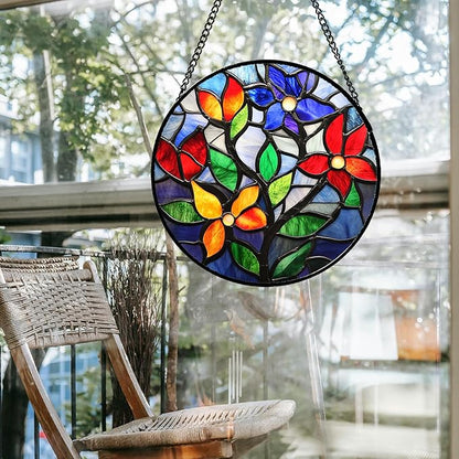 Stained Glass Window Hanging Colorful Flowers and Leaves Large 15" - Suncatcher Door Garden Sun Catcher Home Decor Birthday Christmas Mother's Day for Mom Men Woman Nana Friend