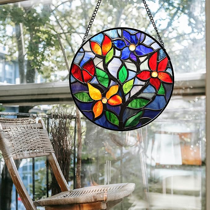 Stained Glass Window Hanging Colorful Flowers Leaves Large 11.8" - Suncatcher Door Garden Sun Catcher Home Decor Birthday Christmas Mother's Day for Mom Men Woman Nana Friend
