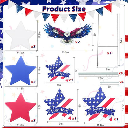 11 Pcs Independence Day Yard Signs(2 Eagles+9 Stars), 4th of July Patriotic Outdoor Decorations, Memorial Day Pentagram(Red White Blue) Garden Sign with Stakes for Fourth of July Celebration
