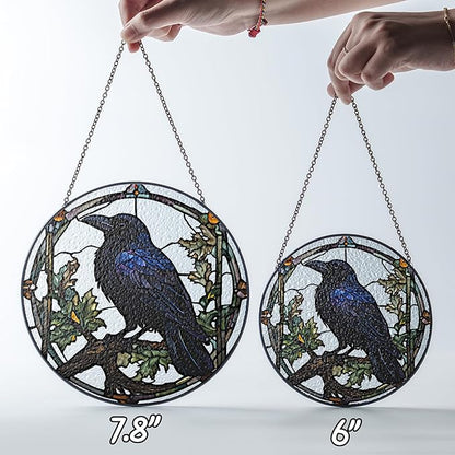 6" Crow Stained Glass Suncatchers Art Glass Ravens for Sun Catcher Indoor Gothic Gifts for Pet Animal Nature Floral Lovers Women Grandma Mom Friend Painted Panel Décor BIRD-04B-SG6